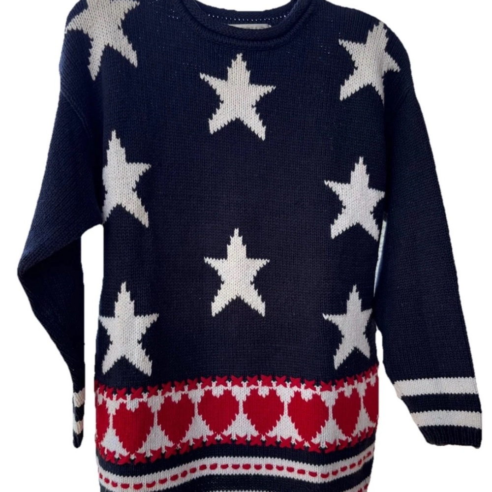 Claudia D. Star Heart Sweater Womens L Navy Blue Good Vintage 90s Americana